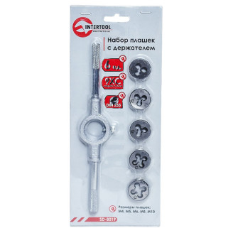 Набір плашок INTERTOOL SD-8019 с з тримачем 6 од (M4, M5, M6, M8, M10)