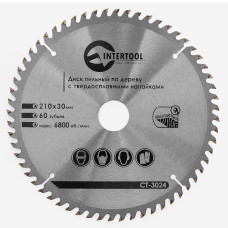 Диск пиляльний по дереву INTERTOOL CT-3024 з твердосплавними напайками 210x30x1,5 мм; 60 зубів