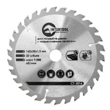 Диск пиляльний по дереву INTERTOOL CT-3016 з твердосплавними напайками 160x20x1,5 мм; 30 зубів